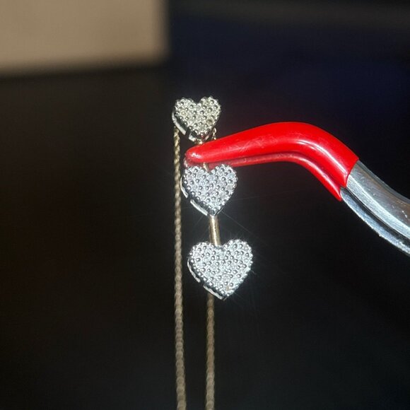 10K Gold 3-Hearts Drop Pave Diamond Necklace - Picture 5 of 8